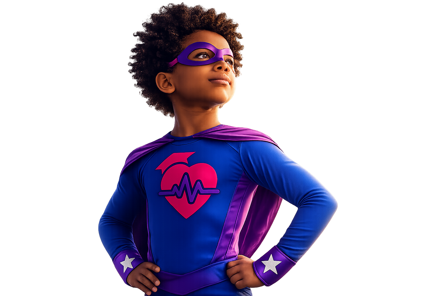 Niño con máscara morada y capa morada, traje de superhéroe con el logo de corazón de Schoolbeat, manos en la cadera, mirando hacia arriba