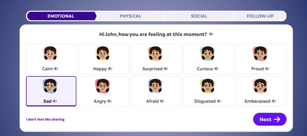 Daily check-in dashboard showing student wellness data