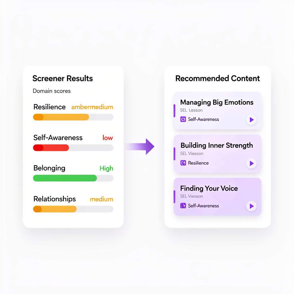 Screener results flowing into recommended SEL content — from screening to support in one platform