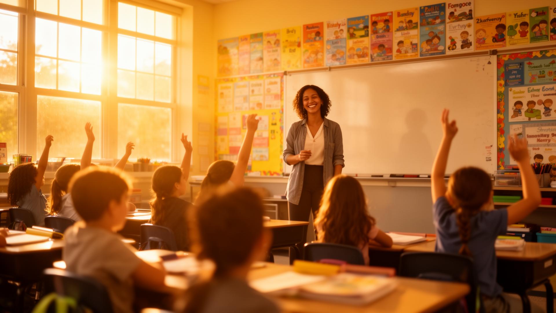 Teacher welcoming students at classroom door
