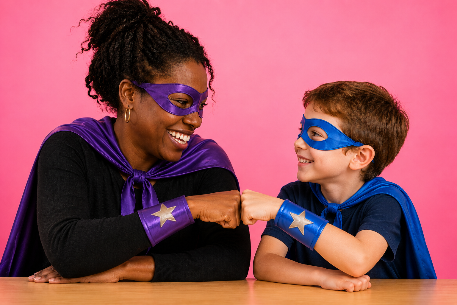 Two kids in superhero costumes — a boy in a blue cape and lightning-bolt cuffs and a girl in a purple cape and pink star cuffs — facing each other across a table with fists raised playfully, ready to take on a challenge together