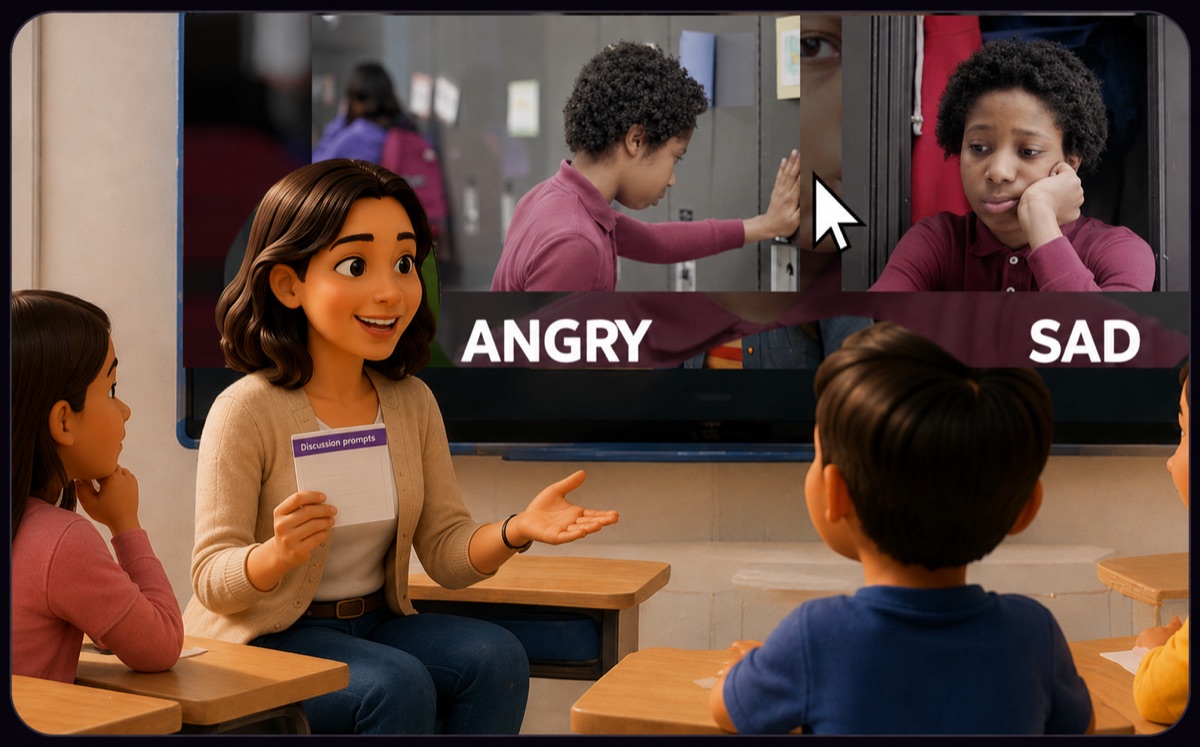 Teacher leading a discussion with on-screen prompt cards