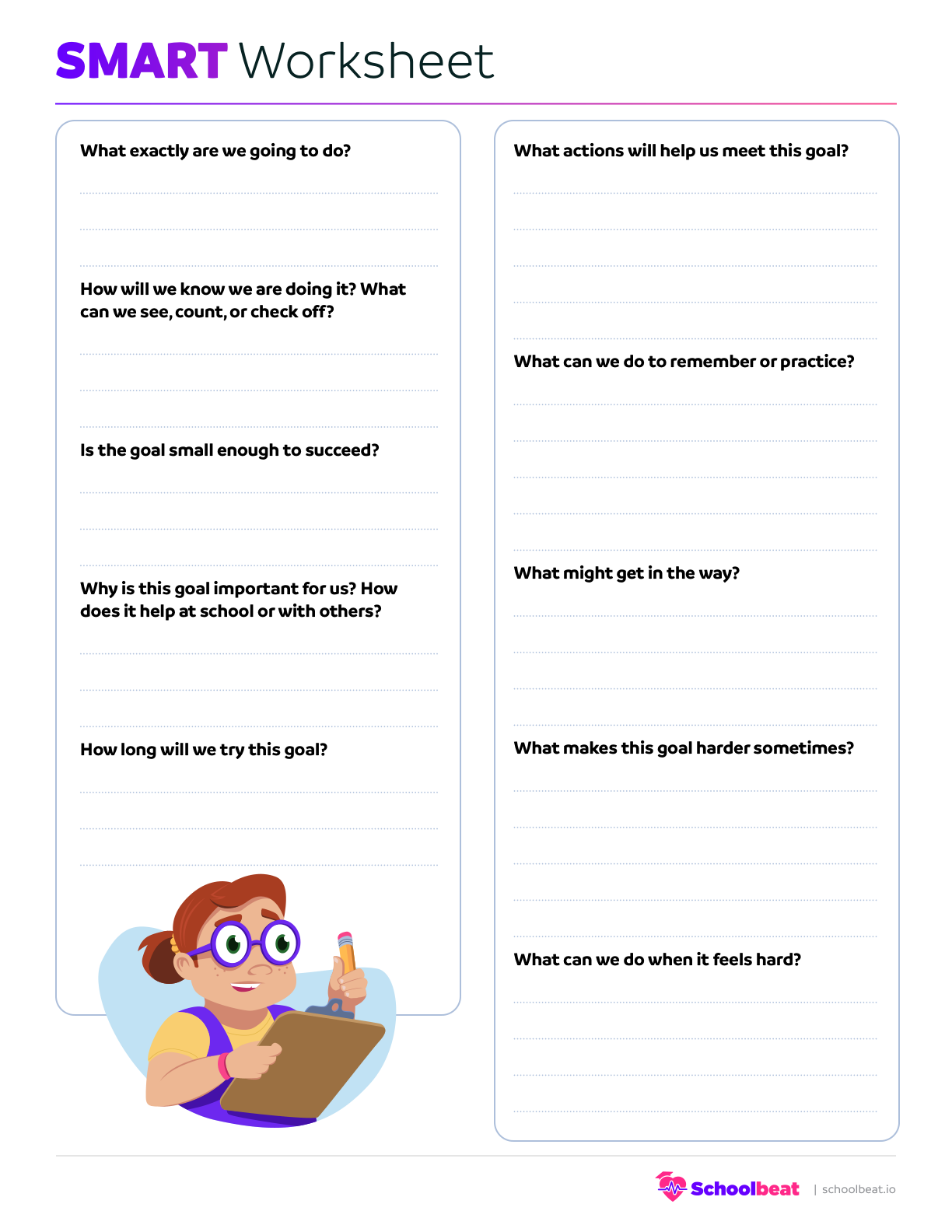 SMART Worksheet: a printable two-column student-facing worksheet with prompts for Specific, Measurable, Attainable, Relevant, and Time-Bound goals.