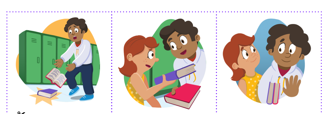 Three cartoon panels showing expected behavior: a student drops books, a peer helps pick them up, both end the moment okay.