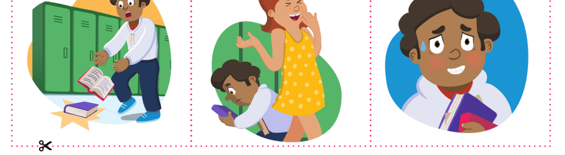 Three cartoon panels showing unexpected behavior: a student drops books, a peer mocks them, the student is left upset.