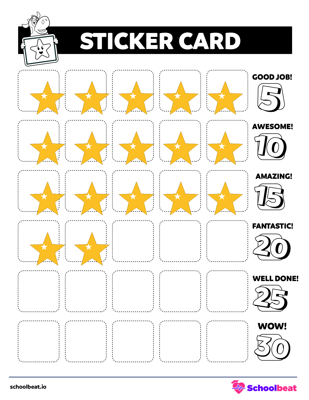 Sticker card behavior tracker, partially filled with colored stickers across reward milestones from Good Job (5) to Wow (30).